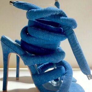 Blue Jean Stiletto Open Toe Thick Rope Strap Wrap-Up the Leg Heels